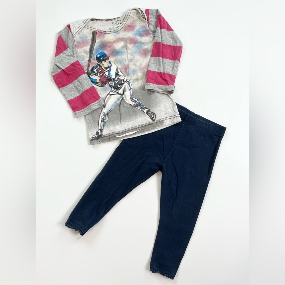 🩵4/$20 Pink and Gray Striped Tee with NEXT Navy Leggings Baby Clothes